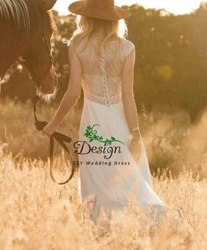 2019 Bžūp Rankovėmis, Balti V-Kaklo Nėrinių Bei Šifono Duobute Užsakymą Pagaminti Vestuvių Suknelės bohemijos Valymo Traukinio Vestuvių Suknelės