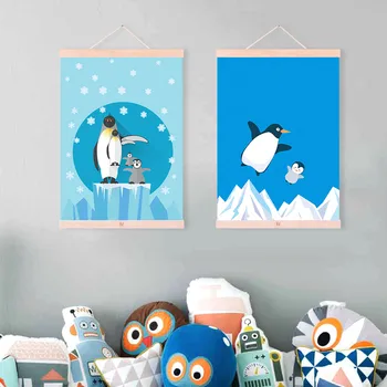 Šiaurės Kawaii Gyvūnų Sniego Pingvinas Šeimos Plakatas Modernių Namų Dekoras Drobė, Tapyba Baby Vaikų Kambario Sienos Menas Spausdinti Nuotrauką Be Rėmelio