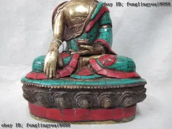 Tibeto Bronzos Paauksuota apdaila koralų, turkio Shakyamuni Sakyamuni Budos Dubenį Statula