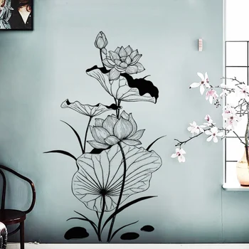 Kinijos Rašalo Lotus Sienų Lipdukai Kambarį, TV Foną, Sienų Dekoras Koridoriaus Pusės-dažytos Paauglys Mergaičių Kambario Apdaila Decal