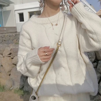 Paprasta Prarasti Fuzzy Šiltas (Įvelkamų Megztinių Moterims Rudenį Ilgomis Rankovėmis Žiemos Elegantiška Vintage Kietas Kawaii Tingus Megztinis W189