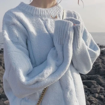 Paprasta Prarasti Fuzzy Šiltas (Įvelkamų Megztinių Moterims Rudenį Ilgomis Rankovėmis Žiemos Elegantiška Vintage Kietas Kawaii Tingus Megztinis W189