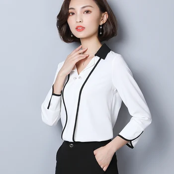 Naujas OLIS Šifono Palaidinės Moterims, Baltos spalvos Marškinėliai 2018 M. Rudenį V Kaklo Moterų Elegantiška Palaidinė Slim Office Lady Viršūnės S/M/L/XL/2XL