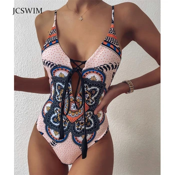 JCSWIM Derliaus Spausdinti maudymosi kostiumėlį Moterų Bikini Mujer 2020 Metų Vasaros Sexy V Kaklo Tvarstis maudymosi Kostiumėliai, Moterų Vienas Gabalas Paplūdimio Plaukti Kostiumas