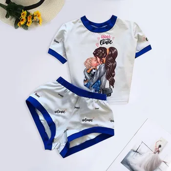 Vasaros Moterų pižama Mama&Baby Spausdinti Atsitiktinis Sleepwear Įgulos Kaklo Medvilnės naktiniai drabužiai Viršuje Šortai Namų Kostiumas Moterims, Drabužiai 2021
