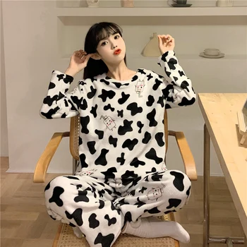 Nauja Japonų ir korėjiečių stiliaus pižama rudenį ir žiemą 2020 moterų flanelė Karvė Spausdinti nustatyti poilsio namų drabužiai