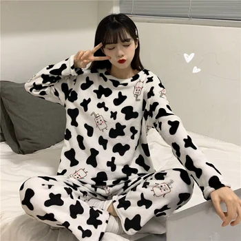 Nauja Japonų ir korėjiečių stiliaus pižama rudenį ir žiemą 2020 moterų flanelė Karvė Spausdinti nustatyti poilsio namų drabužiai