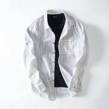 2018 Naujų rudens ilgomis rankovėmis shirt mens lino plius dydis M-4XL juostelės baltos spalvos marškinėliai atsitiktinis vyras mada marškinėliai vyrams chemise camisa