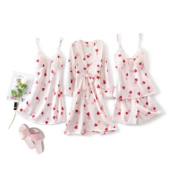 VOOCIEC Dėmių Moterys Myli Spausdinimo 4 Gabalus Dirbtiniais Šilko Pižama Nustatyti Moterų Vasarą, Rudenį Atsitiktinis Kvėpuojantis Nėrinių Diržas Sleepwear