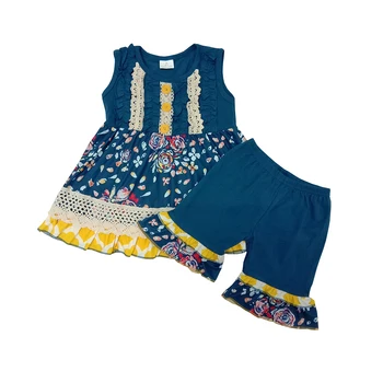 Nemokamas pristatymas bamblys vaikams, vaikų mados gėlių berankovė tunika mėlyną sluoksnių šortai 2 vnt komplektus drabužių rinkiniai