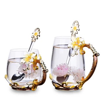 Emalio, Stiklo Taurės rožinė/geltona Lelija gėlė Rankena Stiliaus Kavos puodeliai arbatos Karščiui atsparus Vandens puodelį akinius Drinkware Įsimylėjėlių puodeliai