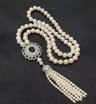 Noble jewelry 8-9mm baltos spalvos Gėlavandenių perlų vėrinį žalia Kristalų pakabukas