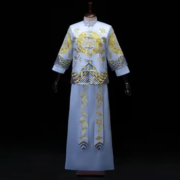 Jaunikis Derliaus Prarasti Cheongsam Tradicinės Kinų Vestuvių Suknelė Mėlyna Satino Qipao Siuvinėjimo Drakono Kostiumas Vestido Rytų Mens