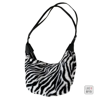 Originalus korėjos versija zebra-printed pliušinis rankinėje ins studentų atsitiktinis mados petį krepšys
