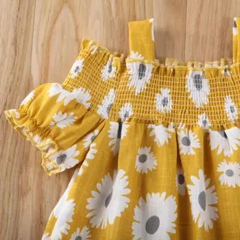 Mados Bamblys Vaikams Baby Girl Drabužius Trumpomis Rankovėmis Gėlių Off Peties Suknelė Vasaros Laisvalaikio Apranga