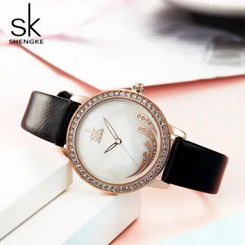 Shengke Kūrybos Moterų Laikrodžiai Kristalų Dial Ponios Odinis Riešo Žiūrėti Reloj Mujer 2019 Naujas SK Dovana Laikrodžiai Moterims #K0085