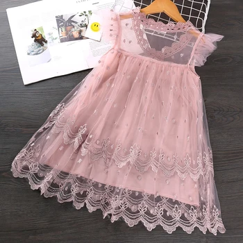 JIS Sveiki Mėgautis Mergaičių Suknelės 2020 Naujas Vasaros Tinklinio Mergaičių Drabužius Rožinė Aplikacijos Princesė Dress Vaikams Baby Girl Drabužiai Atsitiktinis
