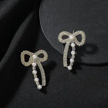 Šviečia kalnų krištolas Pearl Asfaltuotas Bowknot Auskarai Moterims korėjos Stiliaus Temperamentas pendientes bijoux