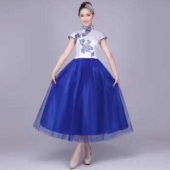 Royal mėlyna balta moterų tautinių Šokių Gerbėjas Šokio kostiumai Senovės kinų Tradicinė Suknelė Kinijos Yangko etape Šokių drabužiai