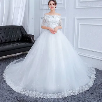Balta Off-Pečių Nėrinių Vestuvinė Suknelė