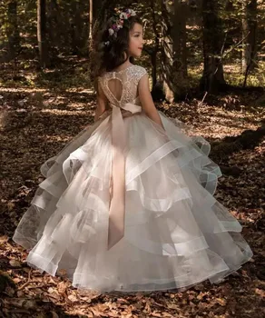 Naujas Atvykimo Mergaitės Nėrinių Aplikacijos Šventosios Pirmos Komunijos Suknelės Mergaitėms Grindų Ilgis Atvira nugara Princesė Suknelė, Dydis 2-16Y