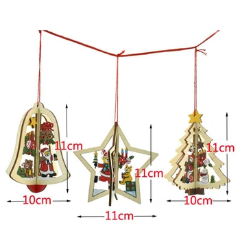 1PCS 3D Kalėdų Ornamentu Mediniai Kabo Pakabukas Žvaigždė Kalėdų Medžio Bell Kalėdų Dekoro