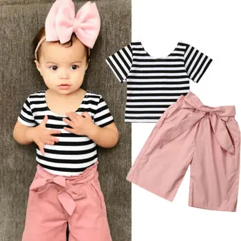 Saldus 2VNT Vasaros Baby Girl Drabužiai Stripe marškinėliai Topai+Kelnės Apranga