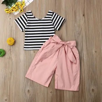 Saldus 2VNT Vasaros Baby Girl Drabužiai Stripe marškinėliai Topai+Kelnės Apranga