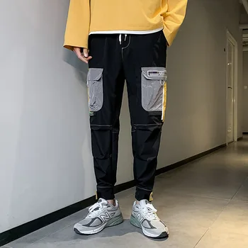 Vyrai Hip-Hop Juoda Kratinys Multi-pocket Sweatpants Poilsiu Kelnės Atsitiktinis Raišteliu Sportwear Haremo Kelnės Vyrų Streetwear
