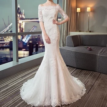 2021 Balta Undinė Off peties Vestuvių Suknelės Su Rankovėmis Valtis Kaklo Boho Nuotakos Suknelė Nėriniai Atgal Elegantiškas Vestuvių Suknelės Paprasta