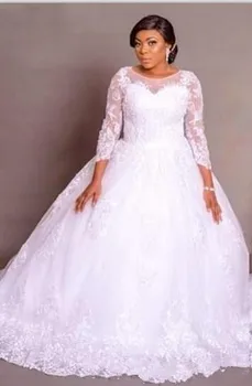 Plus Size Vestuvių Suknelės Afrikos Oficialią Dėvėti Brangakmenis Vien Nėrinių Iškirpte Vestuvių Suknelė Atgal Nėrinių a-line Bridal suknelės