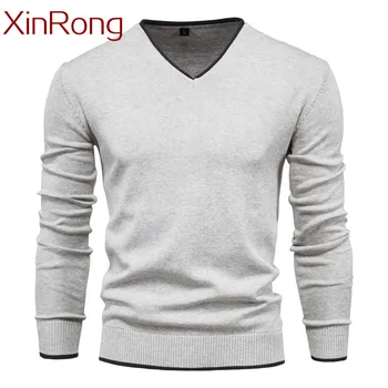 2021 naujo stiliaus medvilnės megztinis V-kaklo vyrų džemperis mados vientisos spalvos aukštos kokybės žiemos plonas, šiltas vyrų megztinis navy džemperis