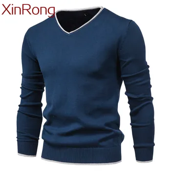 2021 naujo stiliaus medvilnės megztinis V-kaklo vyrų džemperis mados vientisos spalvos aukštos kokybės žiemos plonas, šiltas vyrų megztinis navy džemperis