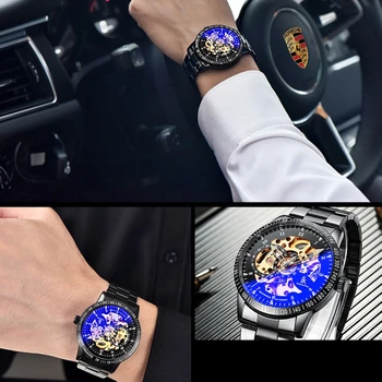 IK Dažymas Laikrodžiai vyriški Matyti Per Auto Mechaninė Nerūdijančio Plieno Juosta Laikrodis
