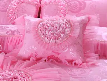 42 vestuvių patalynės komplektas 4/6/9pcs šilko, medvilnės, Žakardinės antklode padengti raudonos, rožinės spalvos nėriniais patalynė, lovatiesė