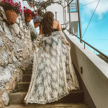 Moterų Suknelė Ilgomis Rankovėmis Maxi Nėrinių Suknelė Balta Boho Suknelės, Elegantiškos Paplūdimio Suknelės Vasaros 2019 Saida De Praia Feminino Atsitiktinis Frocks