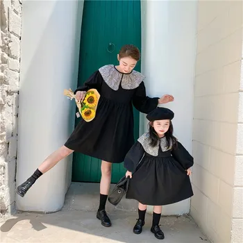 Tėvų-vaikų drabužiai 2020 m. rudenį mergina kūdikių gėlių nereguliarus apykakle suknelė retro Hepburn stiliaus suknelė