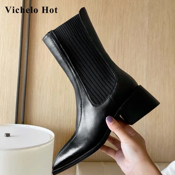 Vichelo Karšto ruožas batai nekilnojamojo karvės odos, maišyti spalvas kvadratinės pėdos storio aukšto kulno užsivilkti office lady suknelė vidurio blauzdos batai L 39