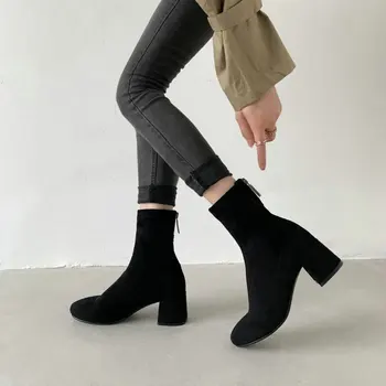 ZawsThia 2021 naujas kieto juoda stretch audinys moters batai žiemą, rudenį užtrauktukas atgal stambusis kulniukai moterų mados batai dydis 43 42