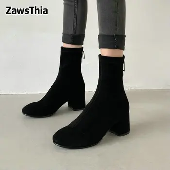 ZawsThia 2021 naujas kieto juoda stretch audinys moters batai žiemą, rudenį užtrauktukas atgal stambusis kulniukai moterų mados batai dydis 43 42