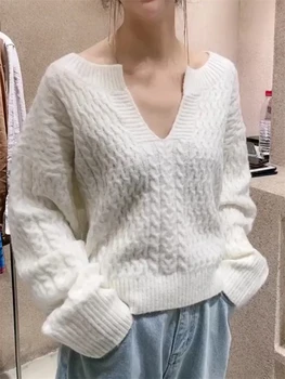 Ailegogo 2020 m. Rudens Žiemos Moterų Megztinis V-Kaklo, puloveriai Minimalistinio korėjos Stiliaus Megzti Elegantiškas Ponios Džemperiai SW2237
