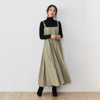 Pavasario 2021 Moterų Suknelės Dirželį Korėja, Japonija, Plisuotos Ilga Suknelė vientisa Spalva Laukinių Suspender Moterų Diržas Suknelė Atsitiktinis Streetwear