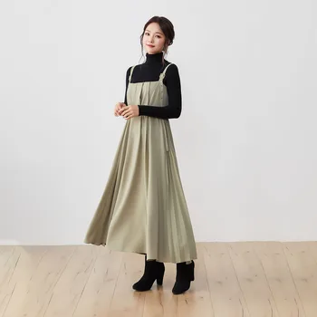 Pavasario 2021 Moterų Suknelės Dirželį Korėja, Japonija, Plisuotos Ilga Suknelė vientisa Spalva Laukinių Suspender Moterų Diržas Suknelė Atsitiktinis Streetwear