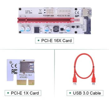 5vnt VER008S PCI-E Riser Card 008S PCIe 1X iki 16X Adapteris 4Pin 6Pin SATA Maitinimas USB 3.0 Kabelį Bitcoin Miner Kasyba