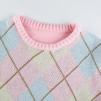 2020 m. Argyle Pink Pledas Megztinius ilgomis Rankovėmis Džemperis Moterims Preppy Stilius Mielas Džemperiai Žiemos Mados 90s Trikotažas