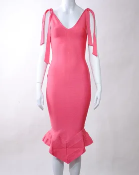 Ruffles rožinė Kelio Ilgis, V-Kaklo, Spageti Dirželis Tvarstis 2019 Naujas Moterų Berankovis Vestidos Įžymybė vakare Šalis suknelė