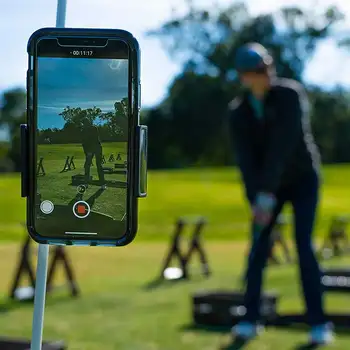 Golfo swing, diktofonas, pasukti mobiliojo telefono laikiklis, golfo praktikos stovo, naudojami siekiant suderinti golfo klubas pagalbinės mokymo priedai