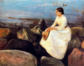 Aliejaus Tapybai Reprodukcijai ant Lino Drobė,vasarą-naktį-inger-on-the-kranto-1889 pagal Edvard Munch, rankų darbo