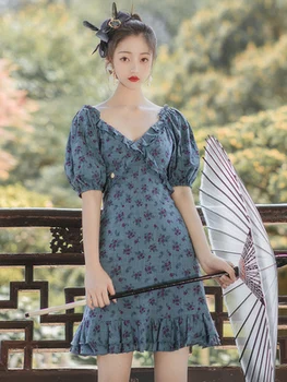 Vasaros korėjos V-kaklo Derliaus Gėlių Suknele Moterys, Blue Print Backless Mini Trumpos Suknelės Moteris Slim Raukiniai Wrap Trimitas Suknelės