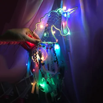 Vienaragis Kabantys Papuošalai Su LED Šviesos Plunksna Catcher Namų Kambario Dekoro Vienaragis temą Gimtadienio Reikmenys Vestuvių Dekoras